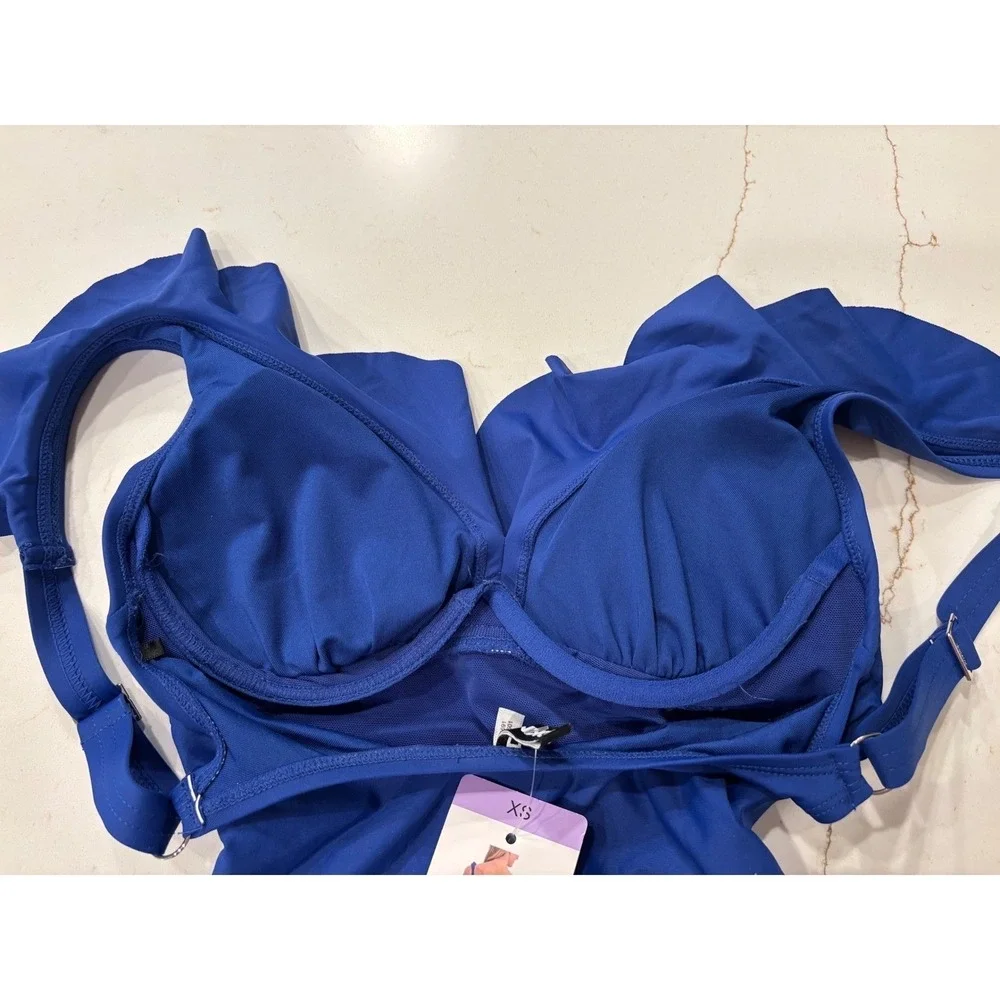 NWT SIZE XS DKNY One‎ Piece Swimsuit Women Blue Ruffle Tummy Control 1943727 - Picture 7 of 9